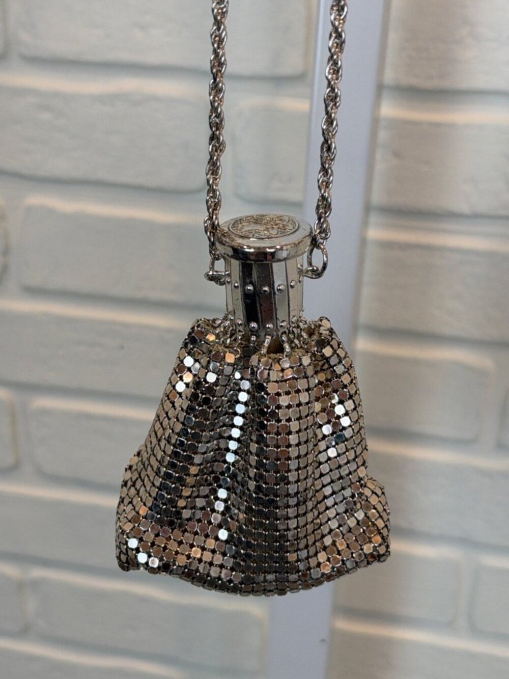 1930s Vintage Mesh Pouch Bag Accordion Frame Rope Chain Silver